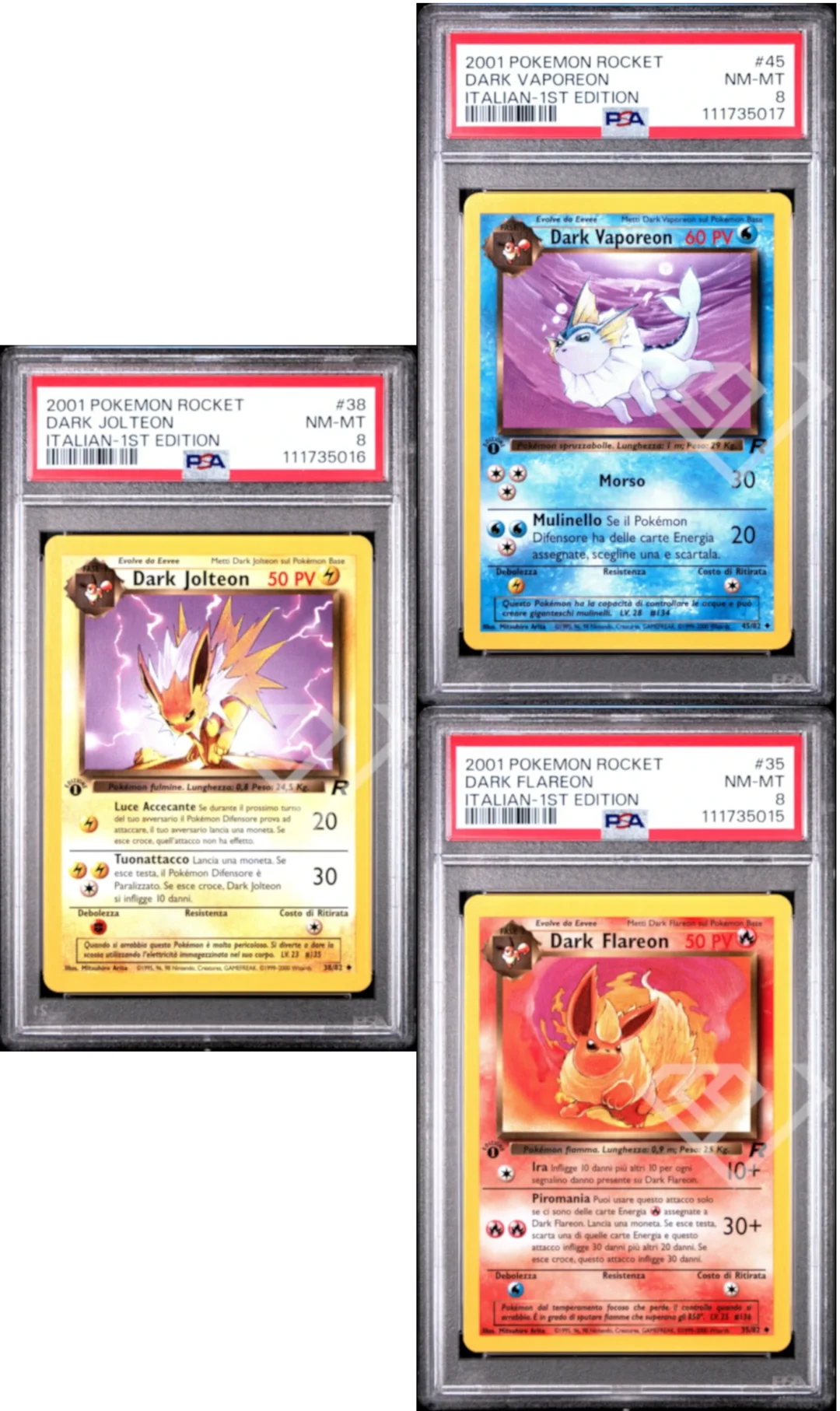 Dark Flareon, Jolteon & Vaporeon Trio Set 34, 38, 45 /82 - PSA 8 Team Rocket 1st Edition Italian