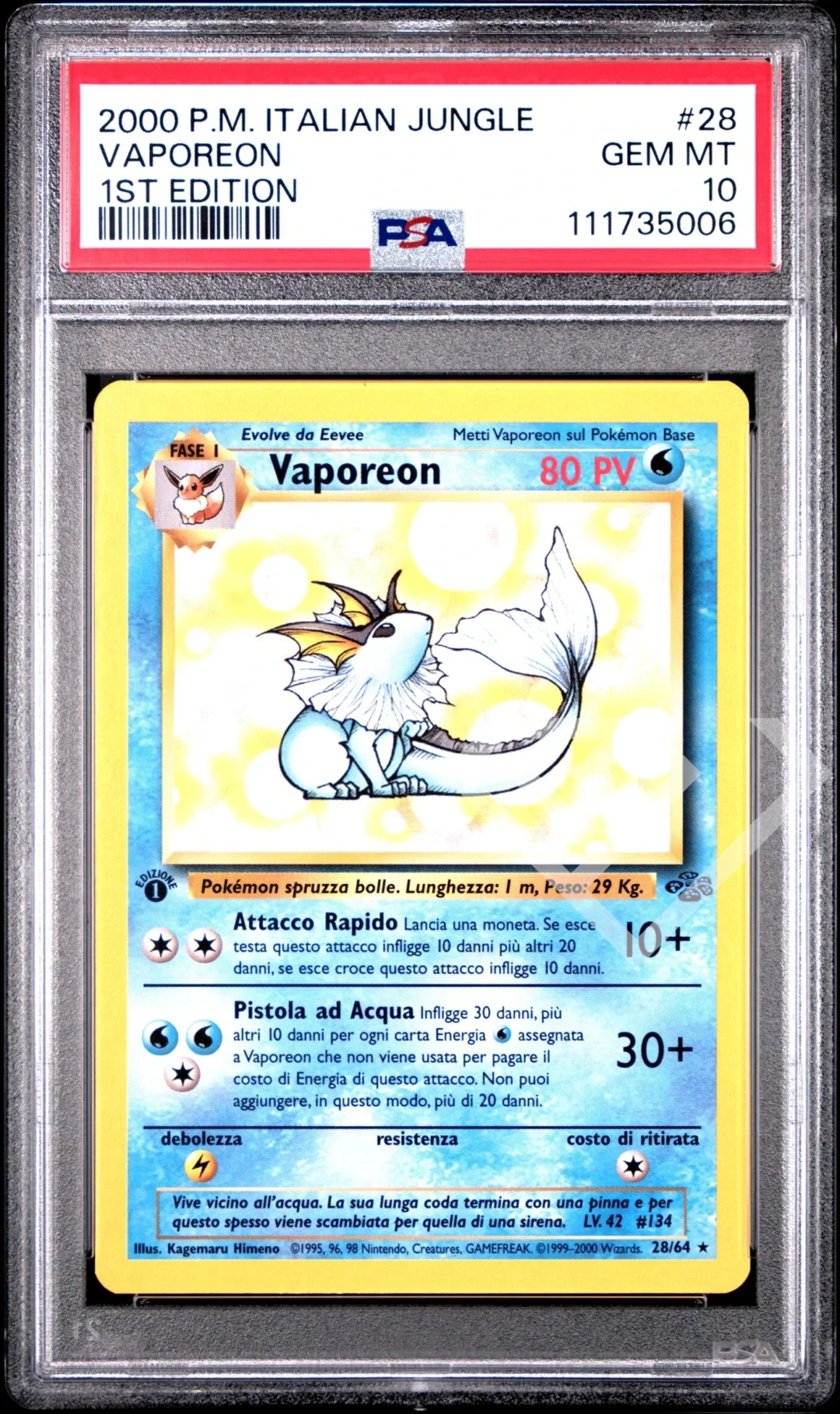 Vaporeon 28/64 - PSA 10 Jungle 1st Edition Italian