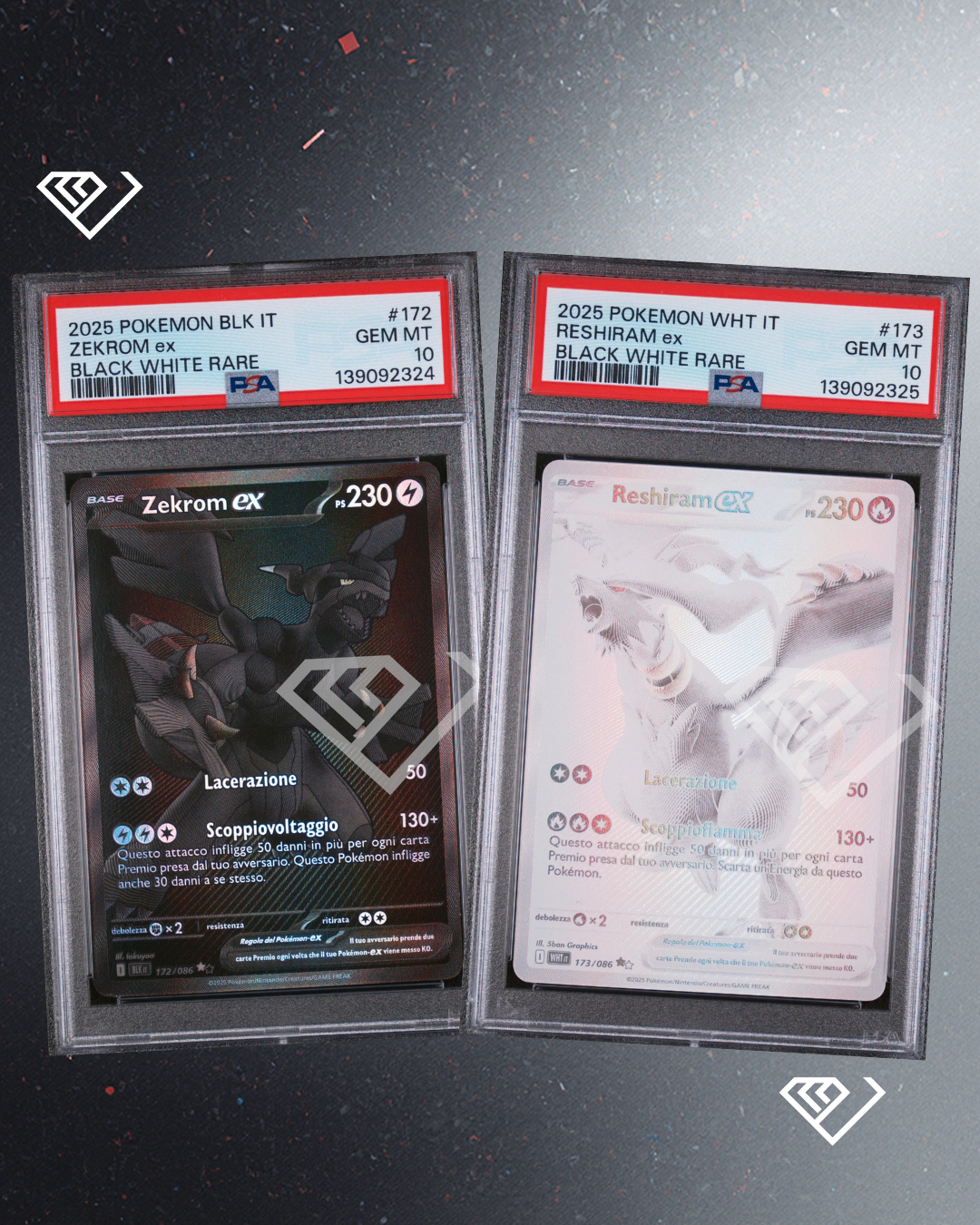 Zekrom 172/086 & Reshiram 173/086 Black & White Rare - PSA 10 Italian Sequential