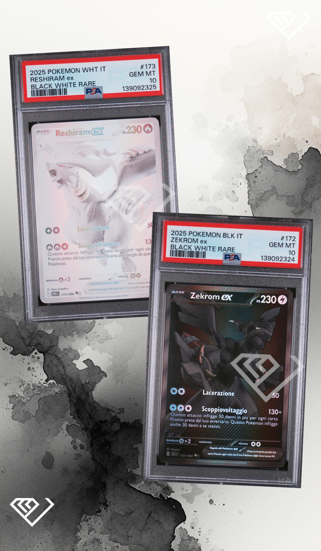 Zekrom 172/086 & Reshiram 173/086 Black & White Rare - PSA 10 Italian Sequential